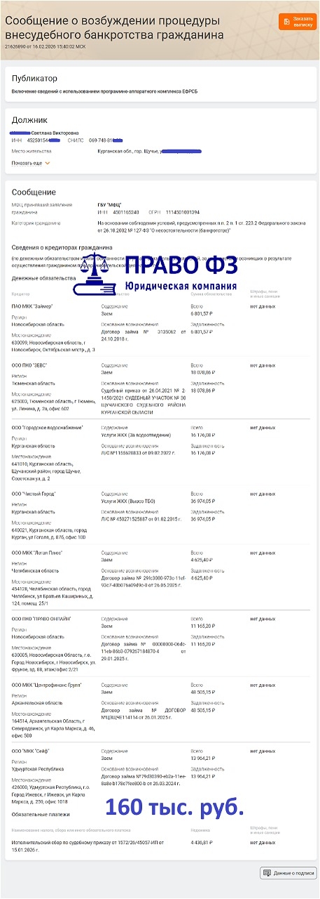 МФЦ 160 тыс. руб. 